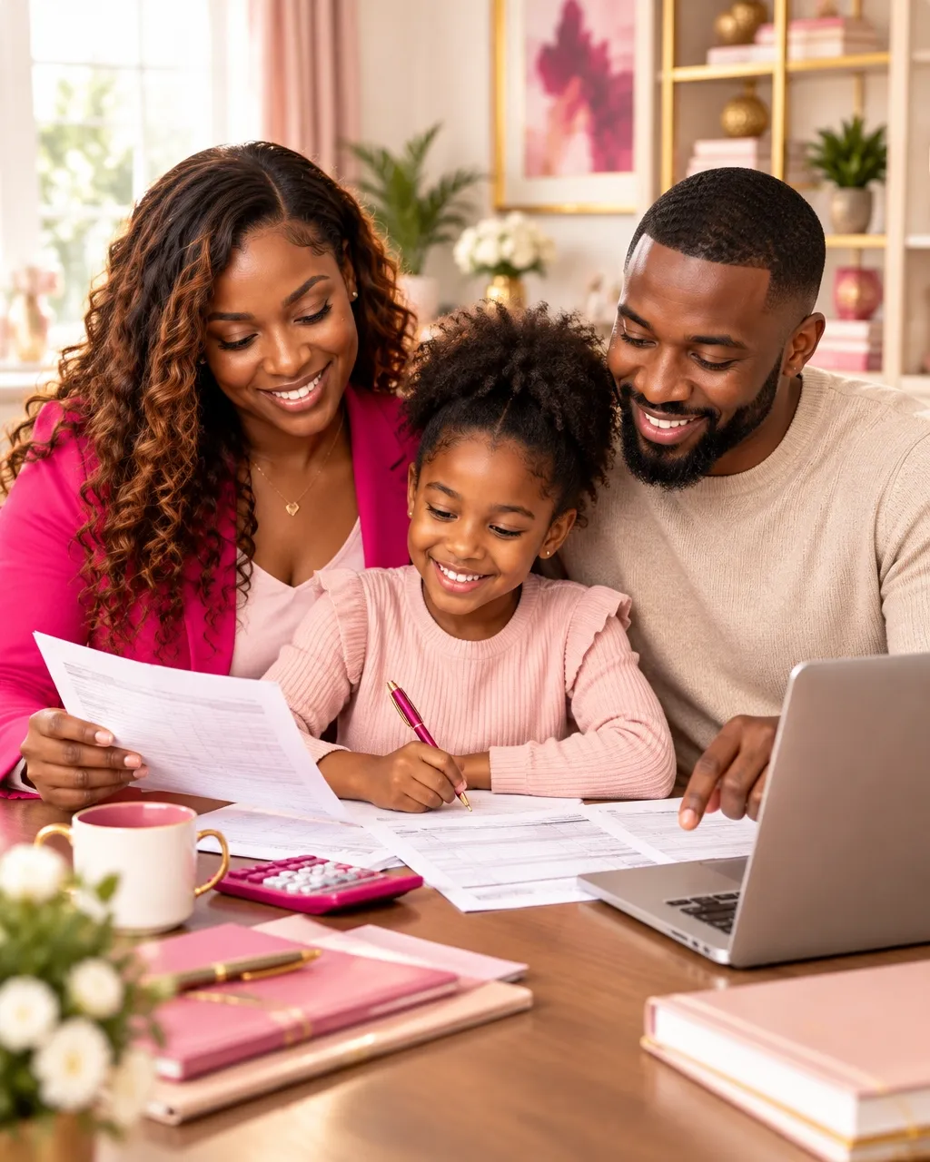 Family reviewing tax paperwork together